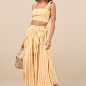 Lulus Cheerful Season Yellow Striped Two-piece Midi Dress With Pockets - Size S